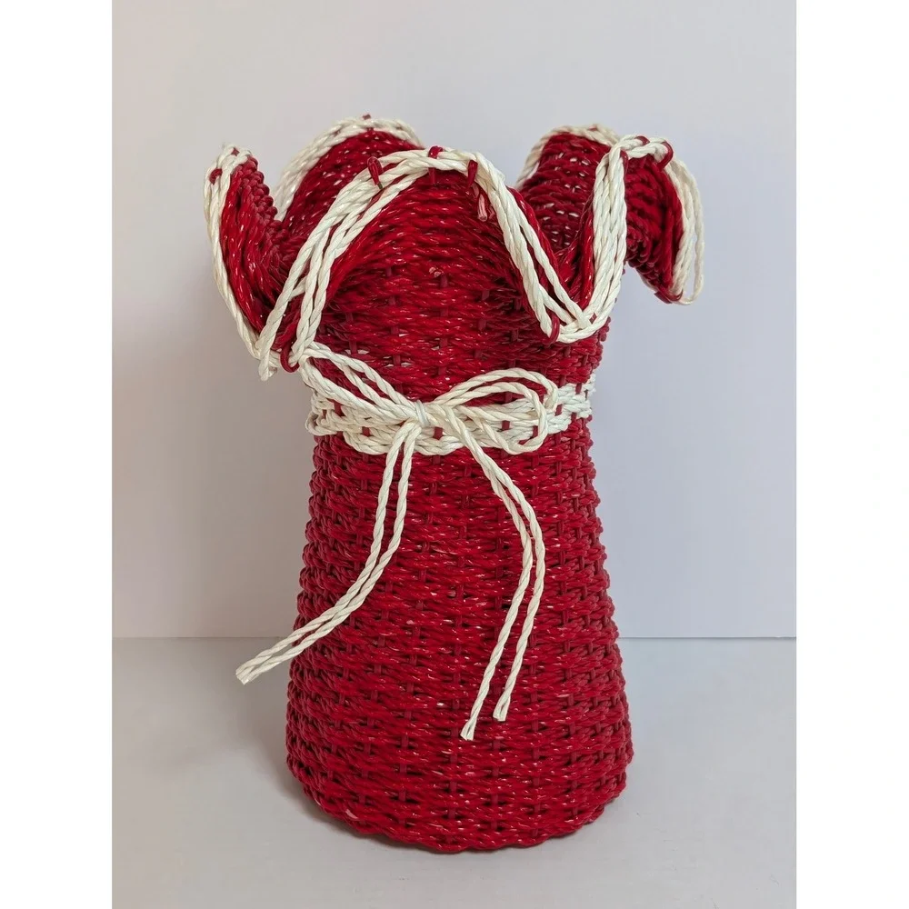 Vintage Red Wicker Basket Flower Vase Holder White Ruffled Top Bow Made in Korea